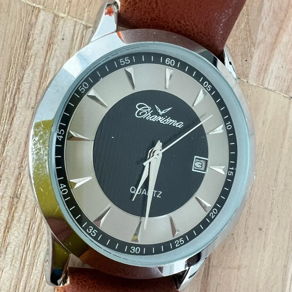 Charisma mens silver tone brown leather dress watch NEW BATTERY